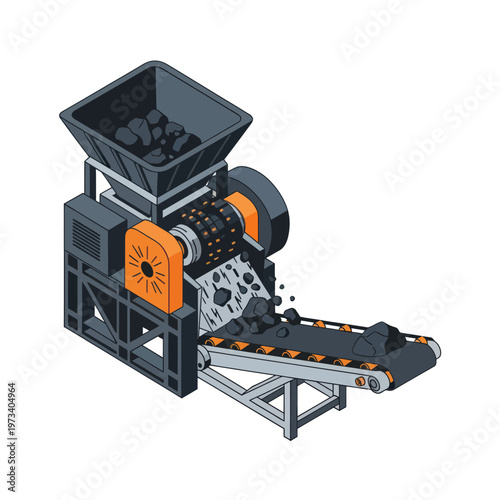 Isometric Coal Crusher Machine with Conveyor Belt Illustration.