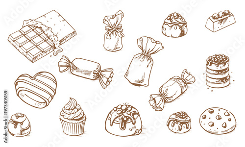 Hand Drawn Chocolate and Candy Doodle Set – Sweet Dessert Sketch Icons Collection