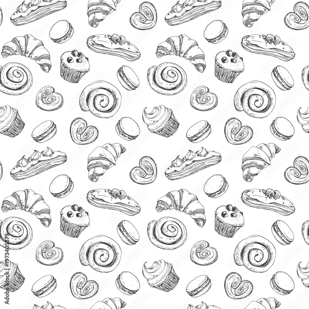 Fototapeta premium Sweet pastries seamless vector pattern, hand-drawn in ink. Croissant, muffin, macaroon, palmier, cinnamon roll. Template for label design, menus, recipes, bakery, and coffee shop.