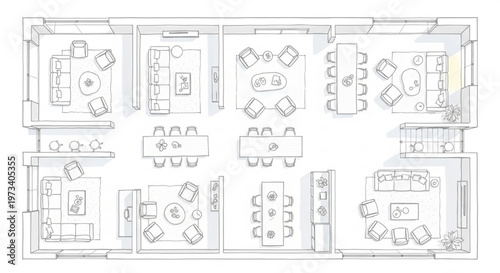 Living Room Furniture Arrangement Sketch Overhead View Contemporary Interior Design Layout Concept Illustration