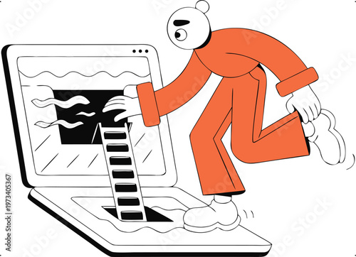 Character Climbing Out of Laptop Screen with Ladder, Digital Escape Concept