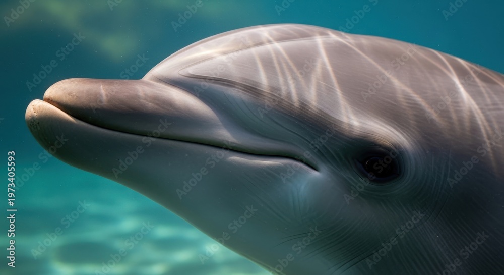 Fototapeta premium A Dolphin's Sleek Head and Dark Eye Observing Its Underwater World with Rippling Light Reflections