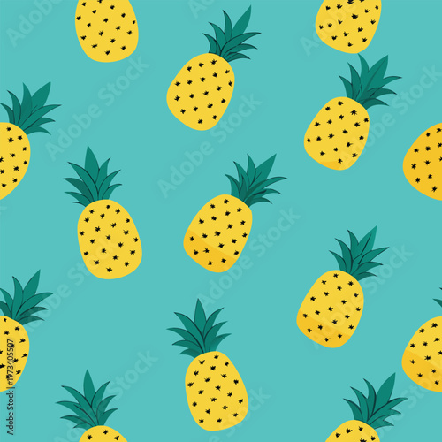 A vibrant illustration of pineapples on a teal background in a repeating pattern