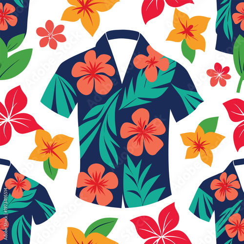 A vibrant floral Hawaiian shirt vector illustration with colorful flowers and leaves