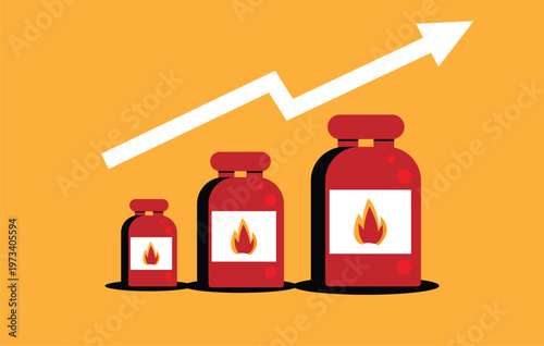 Gas Cylinders with Price Graph Arrow Getting Expensive. Nature resources and fuel supply crisis vector art