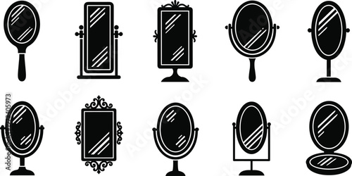 Set of vintage hand mirrors collection with various shapes and frames, elegant beauty accessories illustration for grooming, makeup, salon, and decorative design use