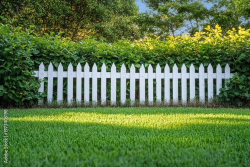 Sunlit manicured lawn with white picket fence and lush green hedge, peaceful suburban backyard scene