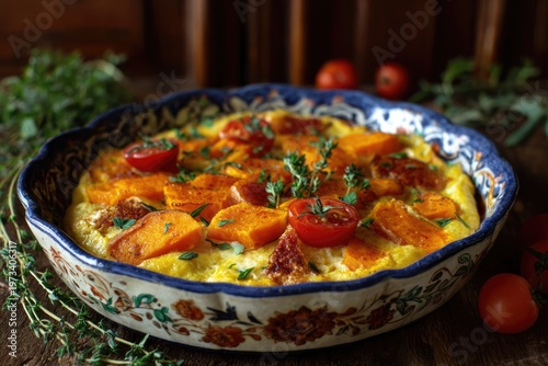 Delicious Baked Frittata with Tomatoes and Herbs in a Decorative Bowl.
