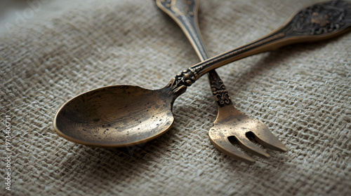 Close-up of vintage brass spoon and fork with ornate handles crossed on a rustic textured fabric surface.