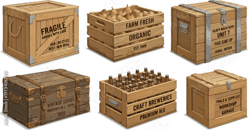 Generate a realistic kinds of deferent Wooden crate vector art with white background.