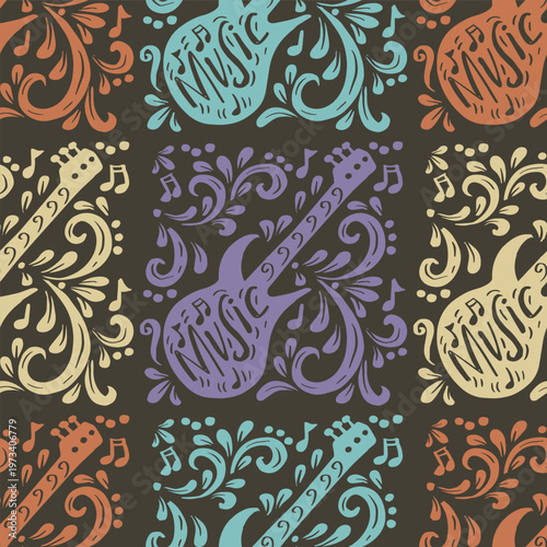 Seamless pattern with electric guitars and floral ornament. Vintage style. Vector illustration.