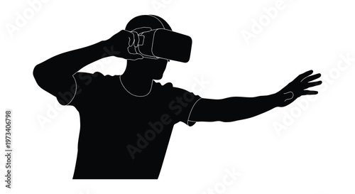 A person wearing virtual reality goggles reaching out with one hand depicted as a striking silhouette high quality professional detailed modern