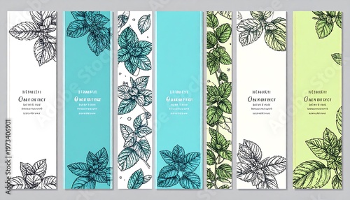 A collection of vertical banners featuring intricately drawn botanical illustrations of leafy sprigs on colored backgrounds