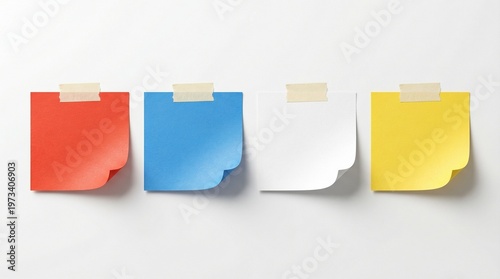 Four Colorful Blank Sticky Notes in Red, Blue, White, and Yellow Taped on Clean White Background with Beige Masking Tape and Realistic Curled Corners