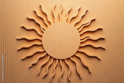 Corrugated cardboard sun with wavy rays and layered shadows, cheerful handcrafted warm paper texture