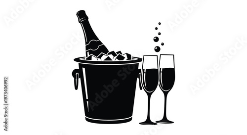 A striking black silhouette depicts a champagne bottle ice bucket and two glasses evoking celebration and luxury silhouette high quality professional