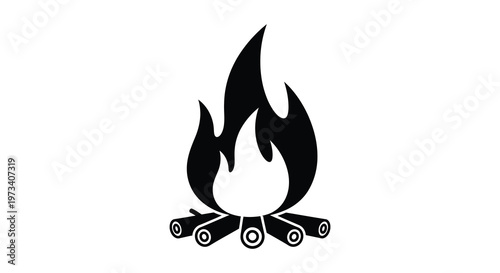 A striking black silhouette depicts a stylized campfire with flickering flames and logs evoking warmth and outdoor life silhouette high quality