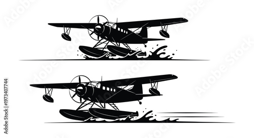 A black and white illustration depicts two seaplanes skimming across water creating splashes and wakes a striking silhouette high quality