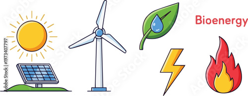 Renewable energy sources including solar panels and wind turbines generate bioenergy.