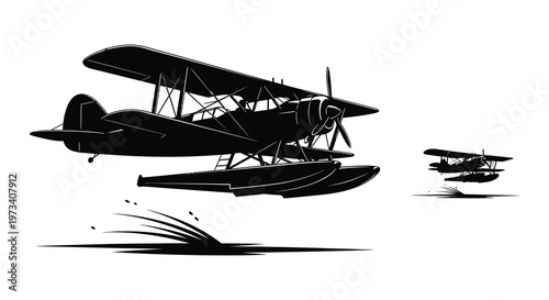 Two vintage biplanes with pontoons soar through the air leaving a trail depicted as a striking silhouette high quality professional detailed