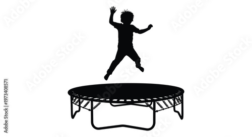 A joyful child leaps and bounds high in the air while jumping on a round trampoline silhouette high quality professional detailed