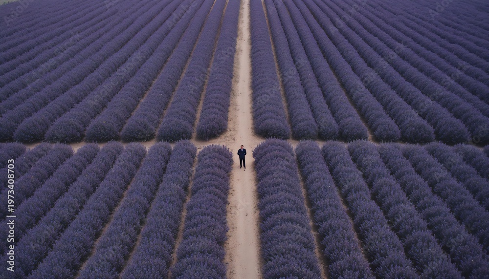 Fototapeta premium Flycam Aerial View of Lavender Fields With Country Road Cinematic Floral Background