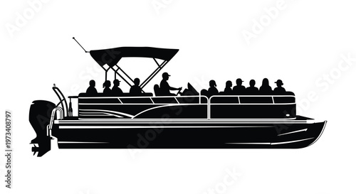 A black silhouette depicts a pontoon boat filled with people enjoying a ride on the water silhouette high quality professional detailed