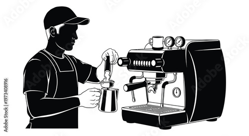 A barista prepares coffee using an espresso machine showcasing a striking black and white silhouette high quality professional detailed modern elegant