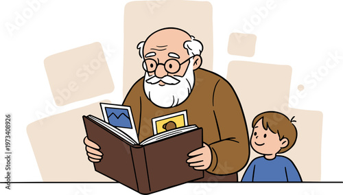 Elderly man reading photo album with child in playful setting, enjoying memories and storytelling on a bright, warm day with a hand drawn style on a transparent background