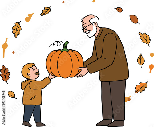 Grandfather and grandson joyfully holding a large orange pumpkin during autumn amidst falling leaves, on a transparent background