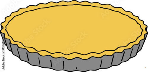 Hand drawn style of a pie on a transparent background, showcasing a round shape with a golden-yellow filling and a grey fluted crust for use in various designs.