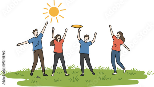 Four friends playing frisbee in a sunny outdoor setting with green grass and a bright sun on a transparent background in a hand-drawn style illustration