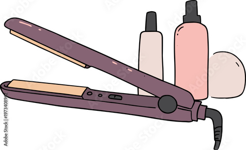 Hair straightener and hair products on a transparent background in a hand drawn style, showcasing tools and cosmetics for hair styling and care.