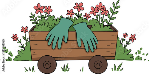 Gardening gloves resting on a wooden cart filled with vibrant flowers and greenery, on a transparent background, hand drawn style design, cheerful and colorful