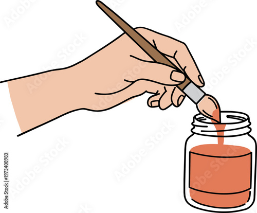 Hand drawing style illustration of a hand holding a paintbrush dipped in orange paint in a glass jar on a transparent background