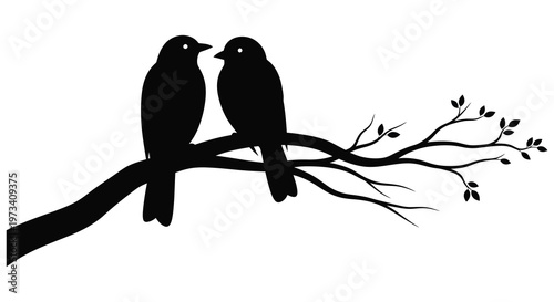 Two black birds perch closely together on a thin branch creating a striking visual silhouette high quality professional detailed modern elegant