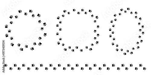 Paw print of a dog or cat. Cute silhouette footpath circle frames set. Wavy walk, marks. Steps of running or walking animal. Curved path of paw prints
