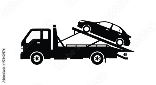 A black silhouette depicts a tow truck transporting a sedan showcasing roadside assistance and vehicle recovery silhouette high quality professional detailed