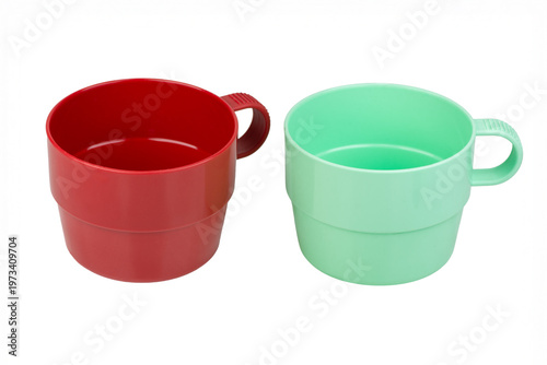 Set of two plastic cups with handle for picnic. Tableware made of recycled plastic. Ecological concept. Isolate on white background.