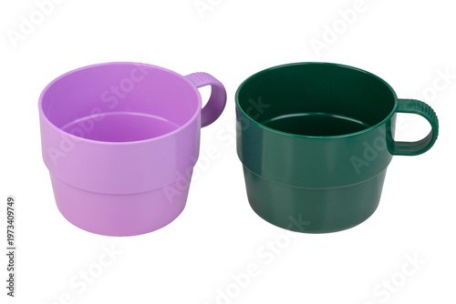 Set of two plastic cups with handle for picnic. Tableware made of recycled plastic. Ecological concept. Isolate on white background.