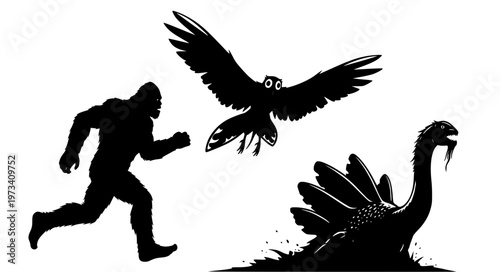 Cryptid Action Silhouette Vector with Running and Flying Creatures