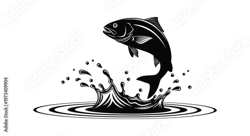 A leaping fish breaks the water s surface creating splashing ripples in this striking black and white image silhouette high quality professional detailed modern