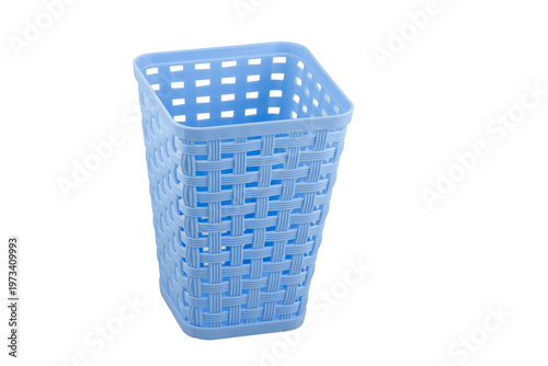 Square plastic basket for writing utensils. Tableware made from recycled plastic. Ecological concept. Isolate on a white background.