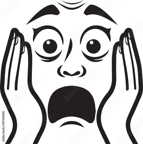 A stylized line art illustration of a face expressing extreme shock or fear, conveying a sense of alarm, panic, or surprise. 