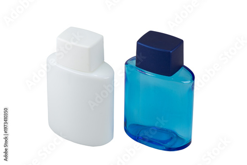 Two glass bottles for lotion or cologne. Isolate on a white background. Cosmetics for men.