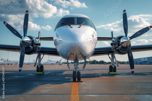 front view of twin-engine turboprop airplane on airport tarmac with propellers, nose gear and wheel chocks, parked planes and hangar in background under dramatic cloudy sky, poised and ready