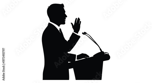 A man in a suit gestures while speaking at a podium creating a dramatic black silhouette high quality professional detailed modern