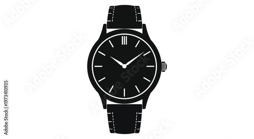 A classic wristwatch with a black face and leather strap is displayed in stark contrast a bold silhouette high quality professional
