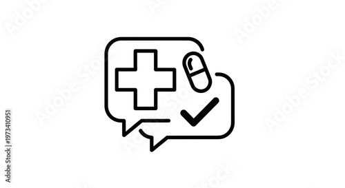 Medical Consultation Icon: Health, Pharmacy, and Checkmark in Speech Bubble