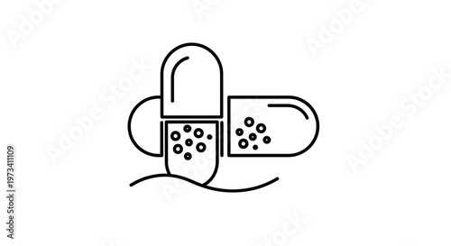 Open Pill Capsule with Granules Inside, Medical Health Care Concept, Line Art Icon